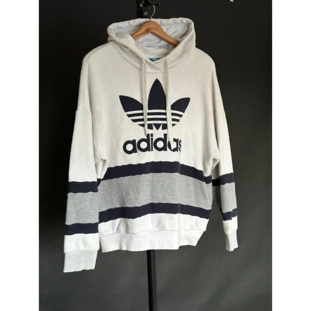 Vintage Adidas Hoodie Made in USA Y2K Thermal Cream Grey Navy‎ Medium 1990s